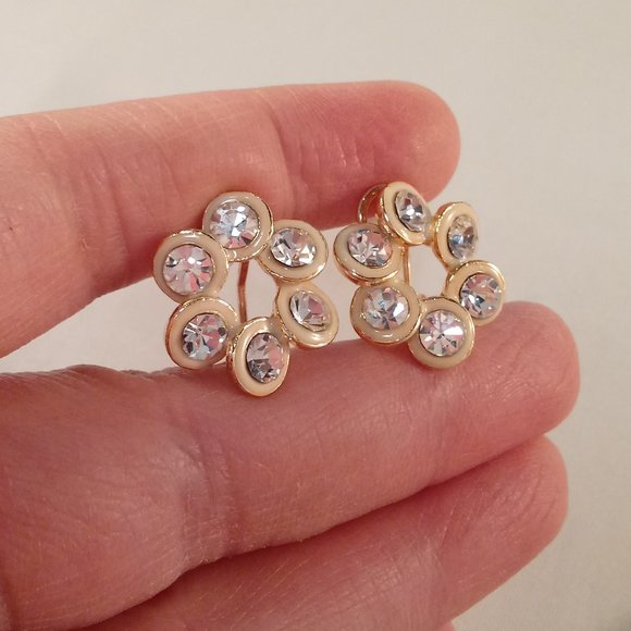 18K Yellow Gold Plated Swirl Flower Crystal Stud Earrings - Picture 5 of 6